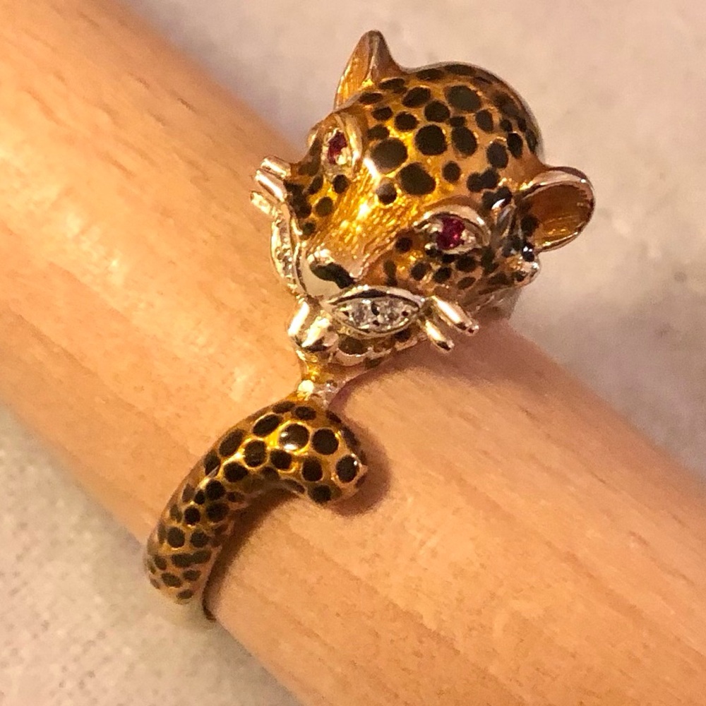 VGUC Hidalgo 18K Yellow Gold Vermeil/Enamel/CZ Designer Leopard Ring, SZ 9